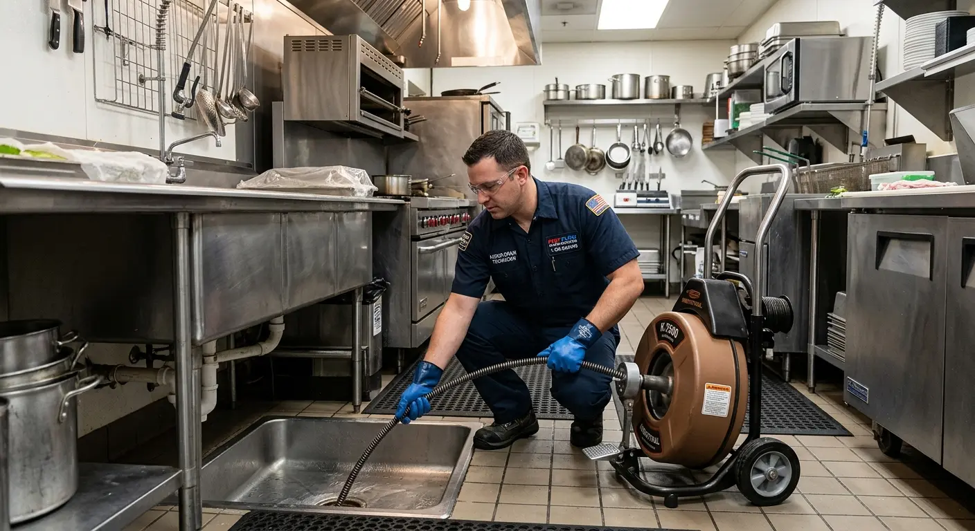Commercial drain cleaning service in a restaurant kitchen in Red Chute