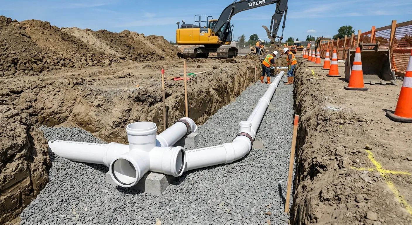 New PVC sewer pipe installation in open trench for Sewer Backup in Red Chute