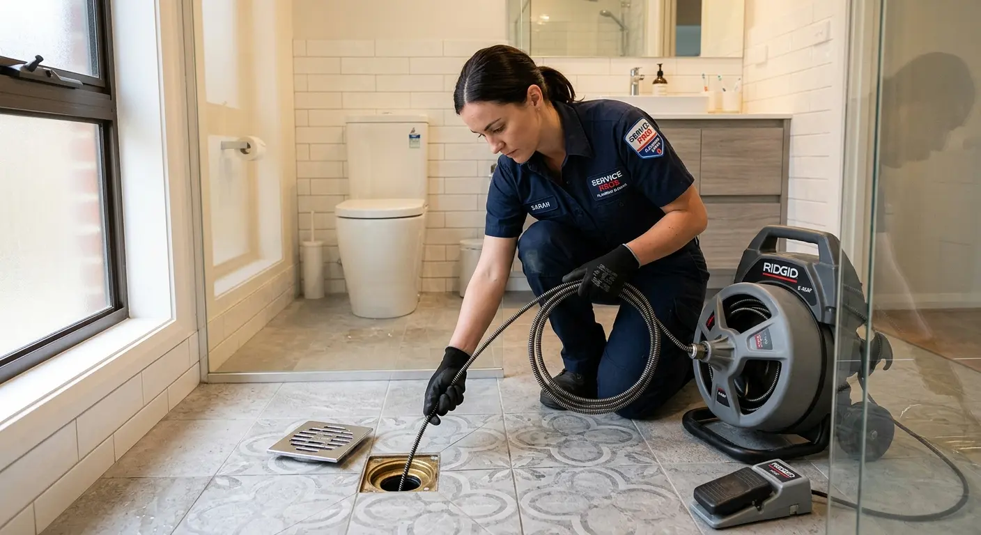 Technician clearing a bathroom floor drain for Drain Repair in Red Chute